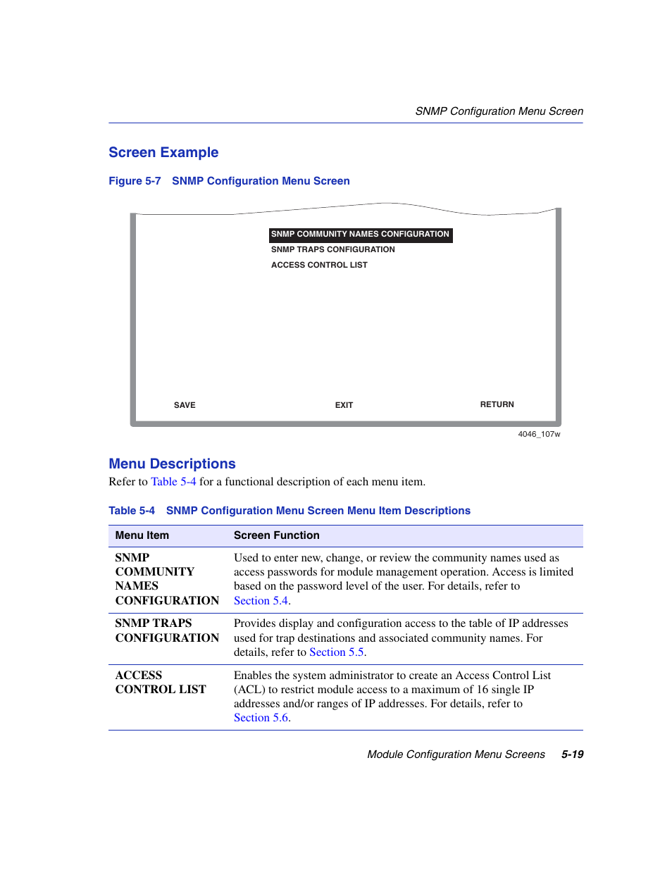 Snmp configuration menu screen, Screen example, Menu descriptions | Enterasys Networks 6H2xx User Manual | Page 145 / 430