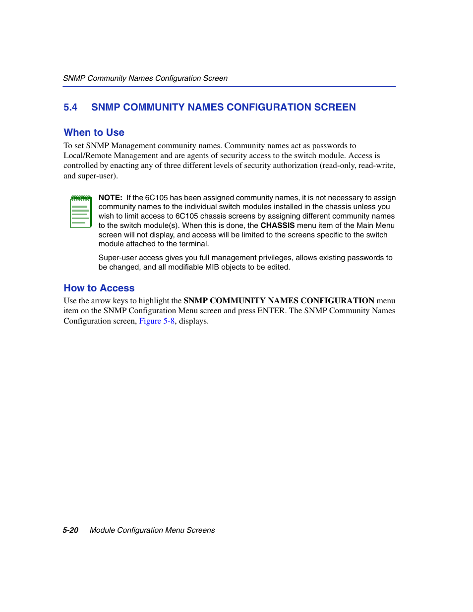 4 snmp community names configuration screen, Snmp community names configuration screen -20, Section 5.4 | Snmp community names configuration | Enterasys Networks 6H2xx User Manual | Page 146 / 430