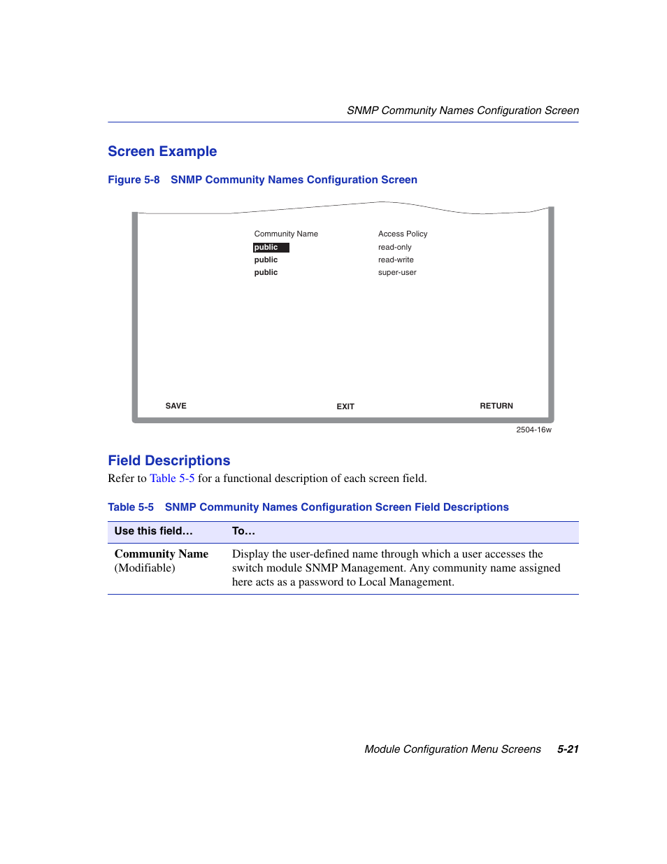Snmp community names configuration screen, Screen example, Field descriptions | Enterasys Networks 6H2xx User Manual | Page 147 / 430