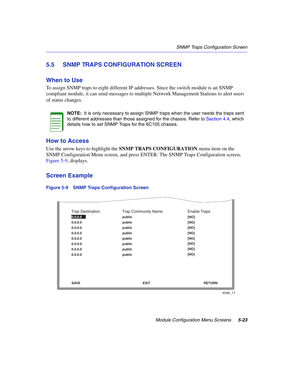 5 snmp traps configuration screen, Snmp traps configuration screen -23, Snmp traps configuration screen | Snmp traps configuration, Section 5.5, 5 snmp traps configuration screen when to use, How to access, Screen example | Enterasys Networks 6H2xx User Manual | Page 149 / 430