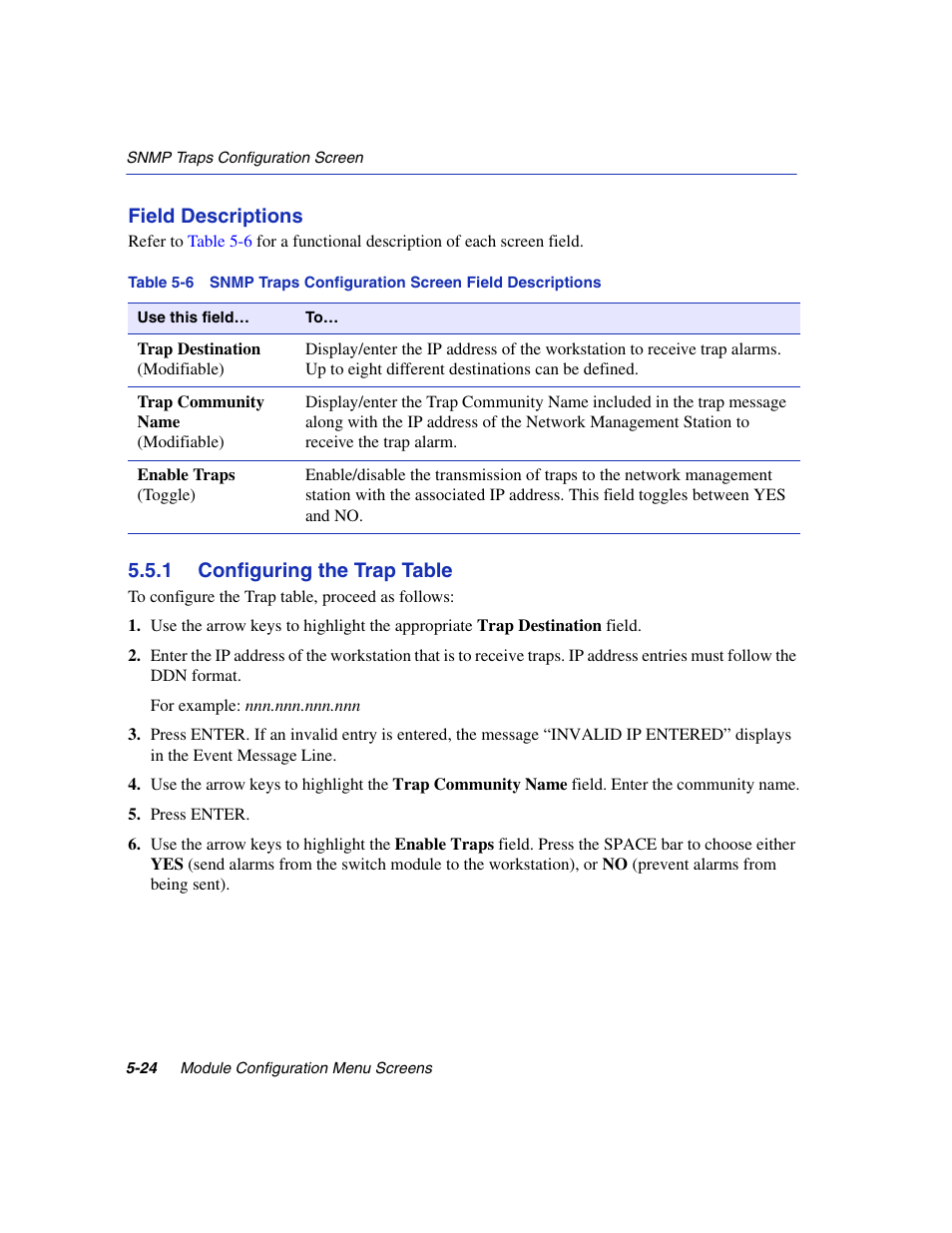 1 configuring the trap table, Configuring the trap table -24, Snmp traps configuration screen field descriptions | Enterasys Networks 6H2xx User Manual | Page 150 / 430