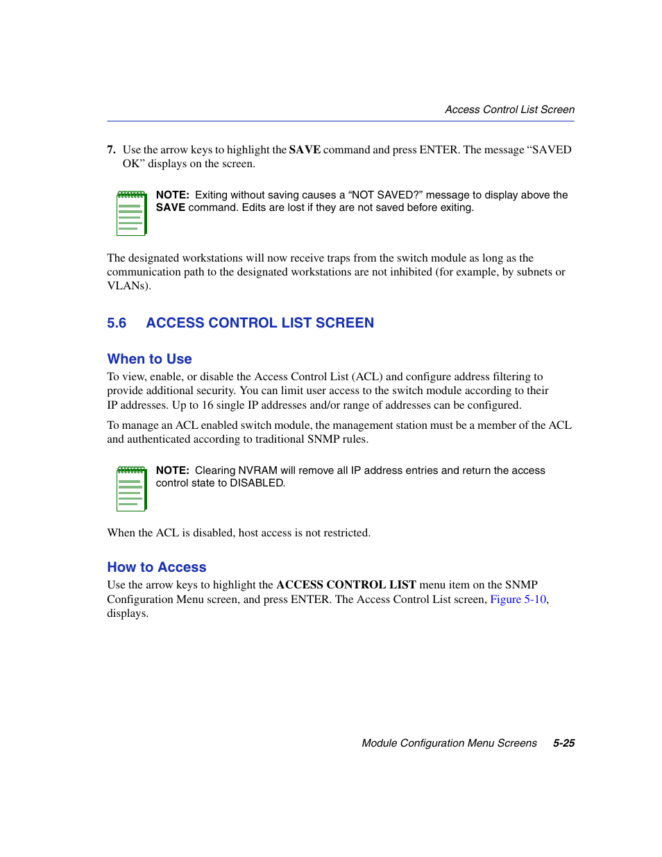 6 access control list screen, Access control list screen -25, Access control list | Reen, Section 5.6 | Enterasys Networks 6H2xx User Manual | Page 151 / 430