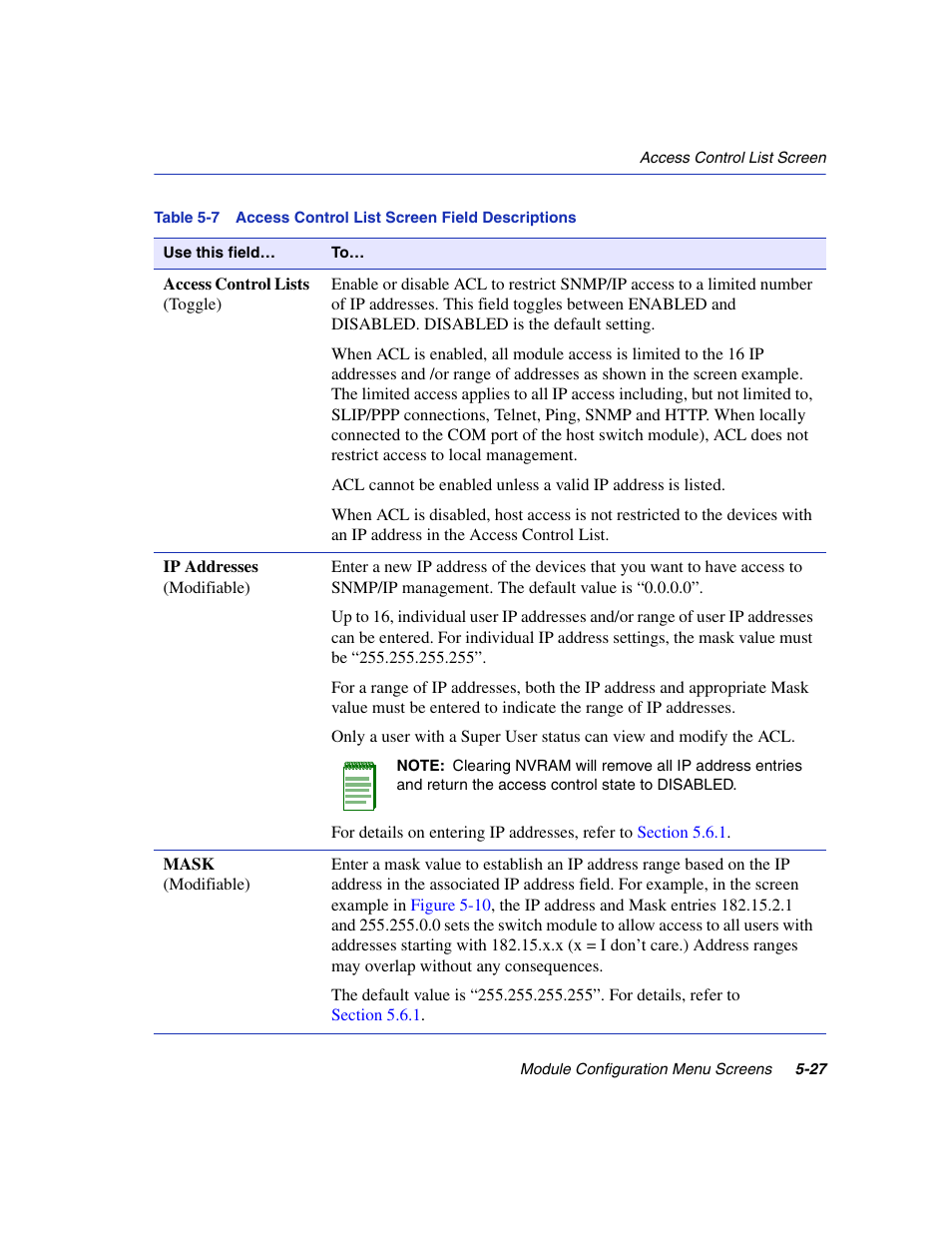 Access control list screen field descriptions | Enterasys Networks 6H2xx User Manual | Page 153 / 430