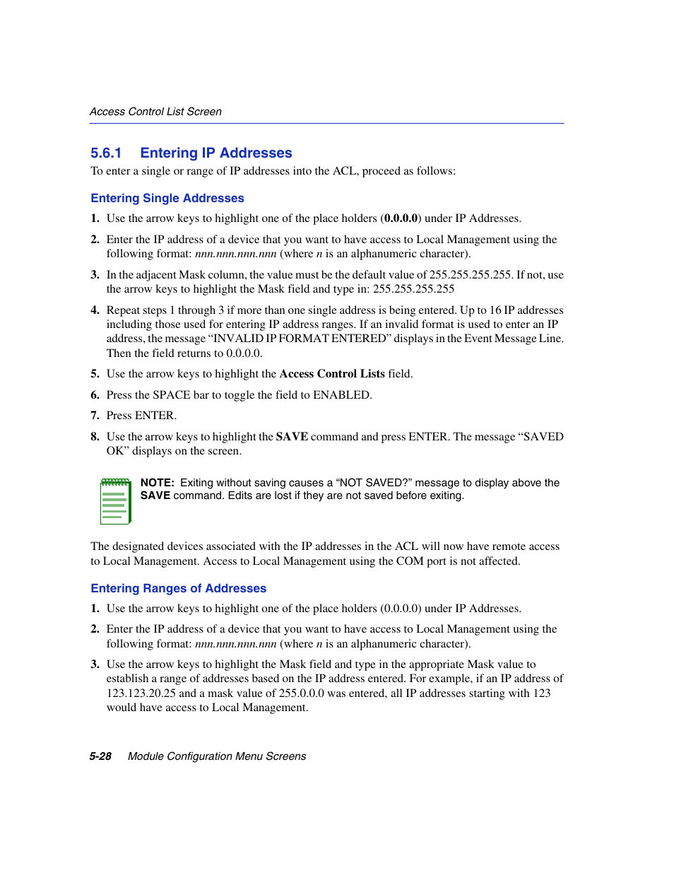 1 entering ip addresses, Entering ip addresses -28, Section 5.6.1 | Enterasys Networks 6H2xx User Manual | Page 154 / 430
