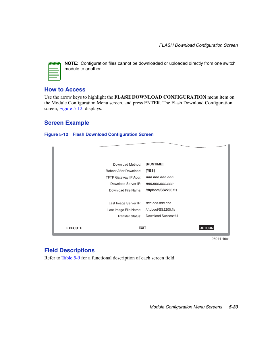 Flash download configuration screen, How to access, Screen example | Field descriptions | Enterasys Networks 6H2xx User Manual | Page 159 / 430