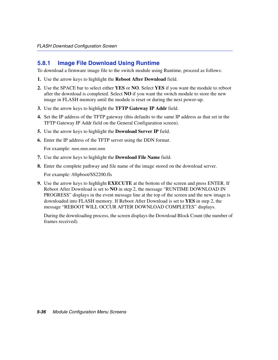 1 image file download using runtime, Image file download using runtime -36, Section 5.8.1 | Enterasys Networks 6H2xx User Manual | Page 162 / 430