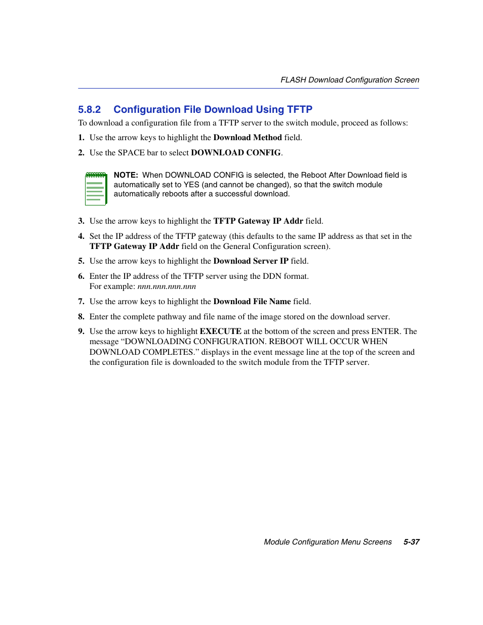 2 configuration file download using tftp, Configuration file download using tftp -37, Section 5.8.2 | Describes ho | Enterasys Networks 6H2xx User Manual | Page 163 / 430