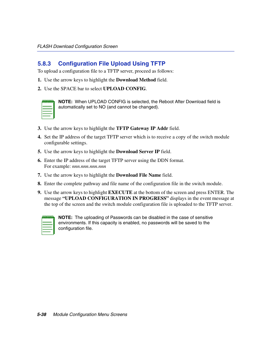 3 configuration file upload using tftp, Configuration file upload using tftp -38, Section 5.8.3 | Enterasys Networks 6H2xx User Manual | Page 164 / 430