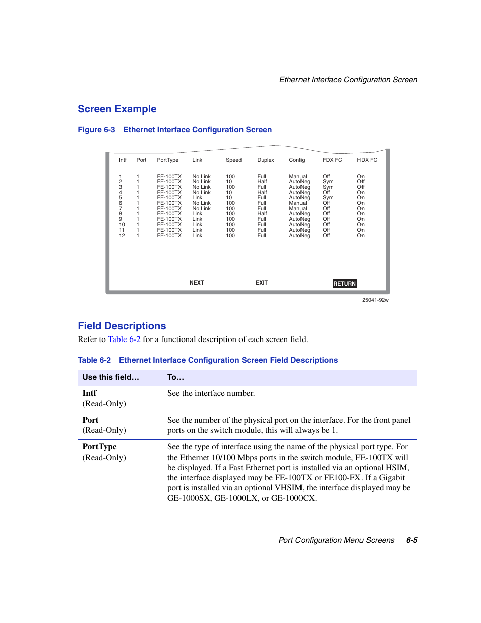 Ethernet interface configuration screen, Figure 6-3, Screen example | Field descriptions, Figure 6-3 ethernet interface configuration screen | Enterasys Networks 6H2xx User Manual | Page 169 / 430