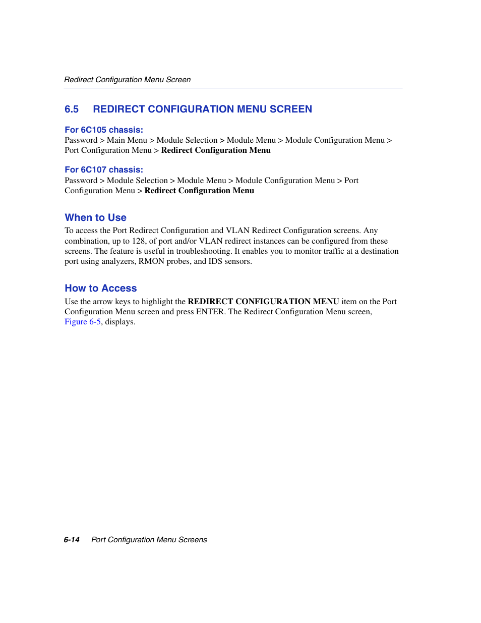 5 redirect configuration menu screen, Redirect configuration menu screen -14, Redirect configuration | Menu, Section 6.5 | Enterasys Networks 6H2xx User Manual | Page 178 / 430