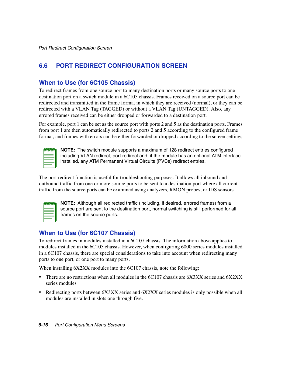 6 port redirect configuration screen, Port redirect configuration screen -16, Port redirect | Configuration, Section 6.6, Refer to | Enterasys Networks 6H2xx User Manual | Page 180 / 430