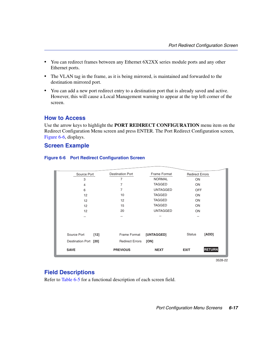 Port redirect configuration screen, How to access, Screen example | Field descriptions | Enterasys Networks 6H2xx User Manual | Page 181 / 430