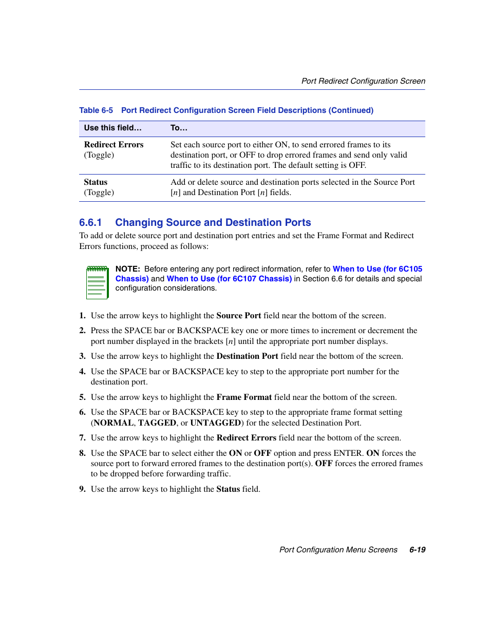 1 changing source and destination ports, Changing source and destination ports -19, Section 6.6.1 | Refer to | Enterasys Networks 6H2xx User Manual | Page 183 / 430