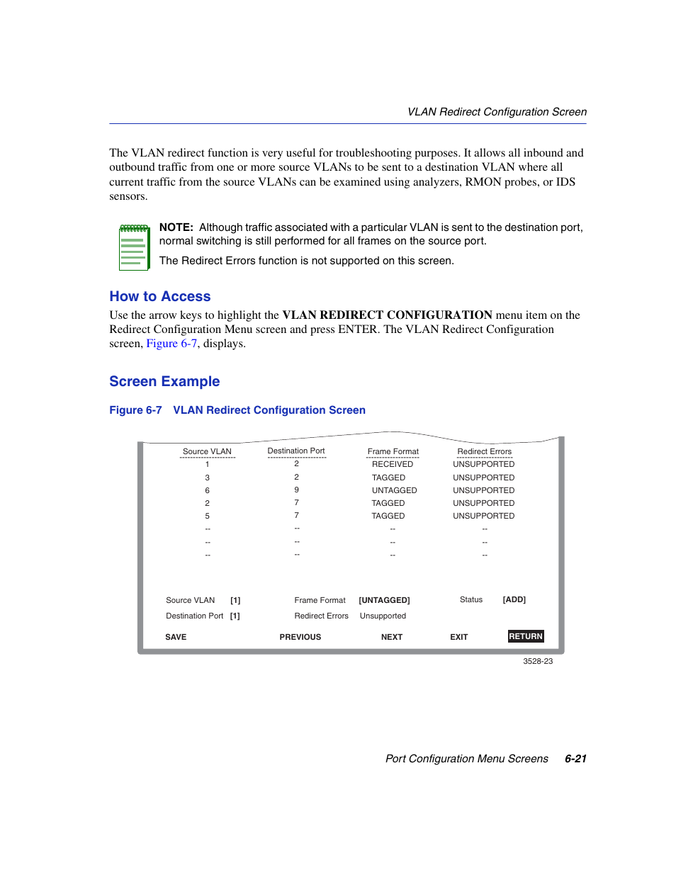 Vlan redirect configuration screen, How to access, Screen example | Enterasys Networks 6H2xx User Manual | Page 185 / 430