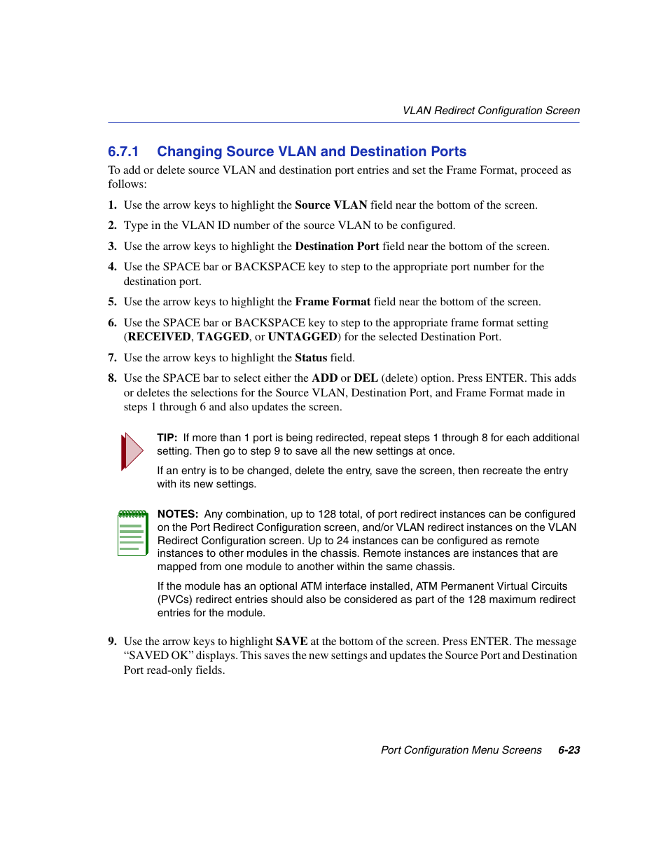 1 changing source vlan and destination ports, Changing source vlan and destination ports -23, R details, refer to | Section 6.7.1 | Enterasys Networks 6H2xx User Manual | Page 187 / 430