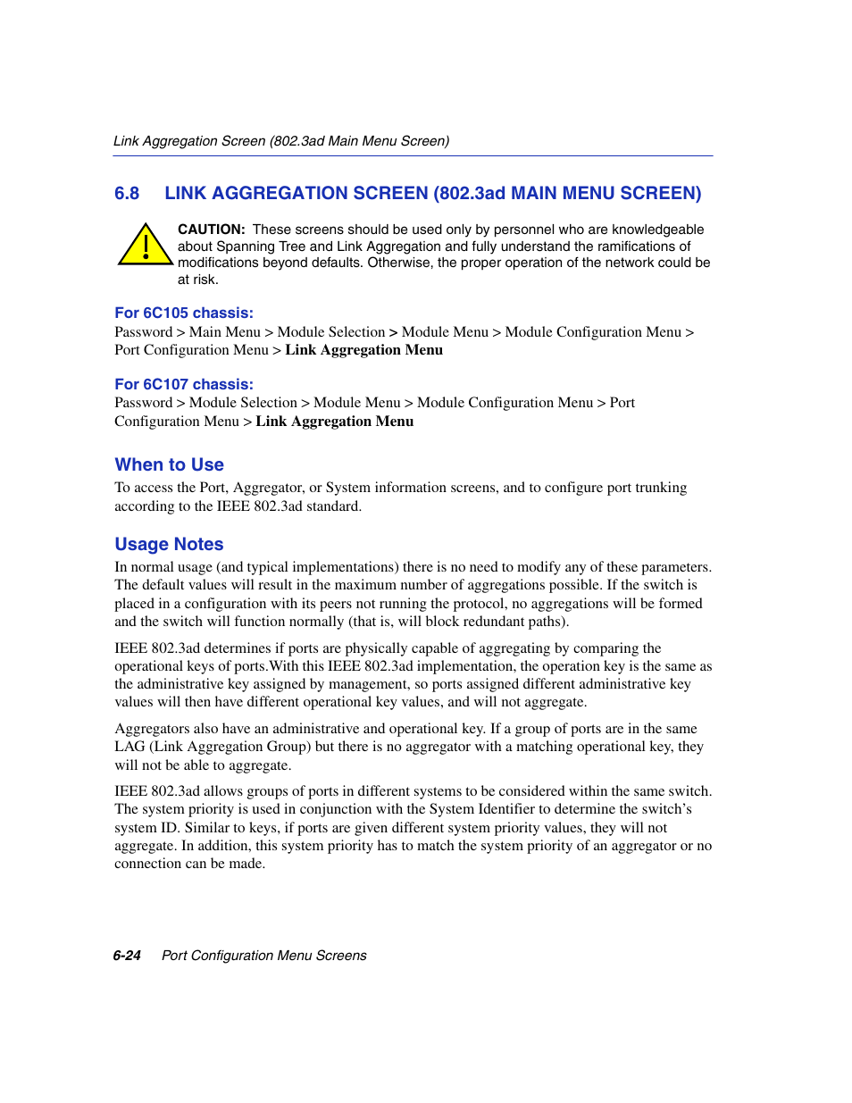 Link aggregation screen (802.3a, Link aggregation, Menu | Main menu screen), Section 6.8 | Enterasys Networks 6H2xx User Manual | Page 188 / 430