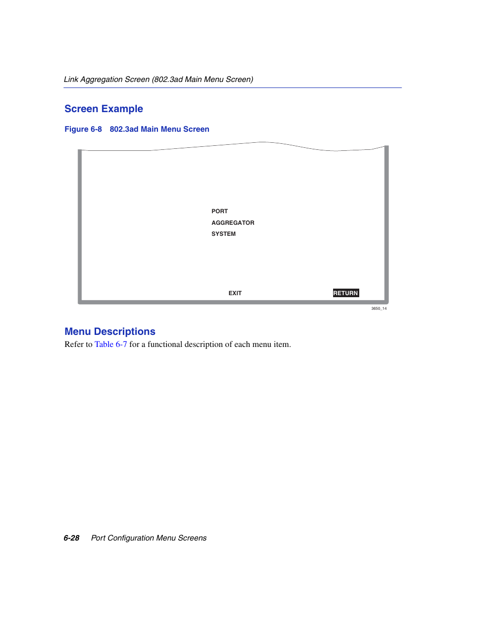 3ad main menu screen, Screen example, Menu descriptions | Enterasys Networks 6H2xx User Manual | Page 192 / 430