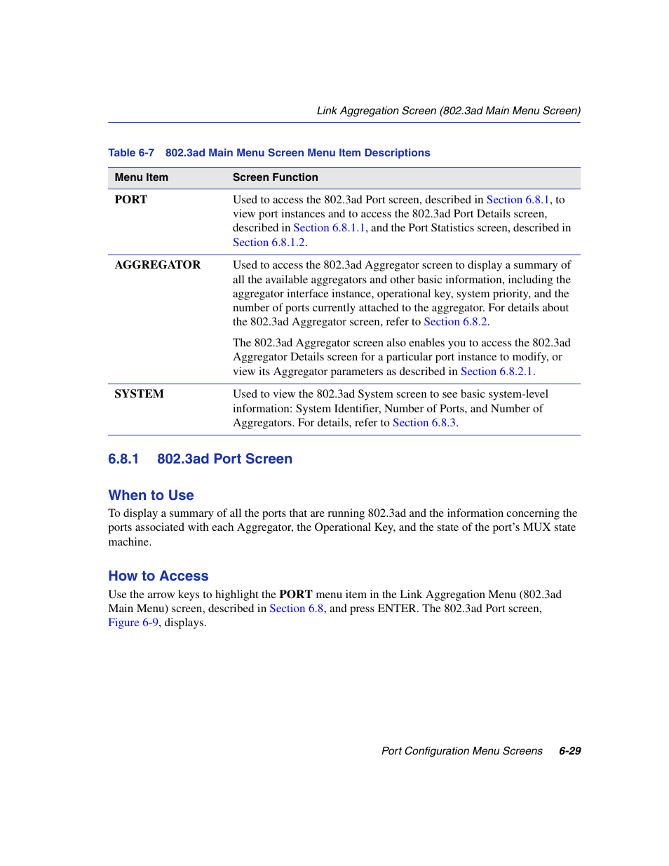 1 802.3ad port screen, 3ad port screen -29, 3ad main menu screen menu item descriptions | 3ad port, Port screen, Section 6.8.1 | Enterasys Networks 6H2xx User Manual | Page 193 / 430