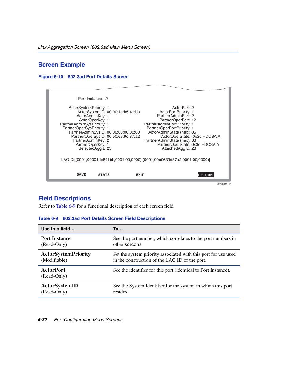 3ad port details screen, 3ad port details screen field descriptions, Rt details screen | Figure 6-10, Screen example, Field descriptions, Screens. actorsystempriority, Actorport, Actorsystemid | Enterasys Networks 6H2xx User Manual | Page 196 / 430