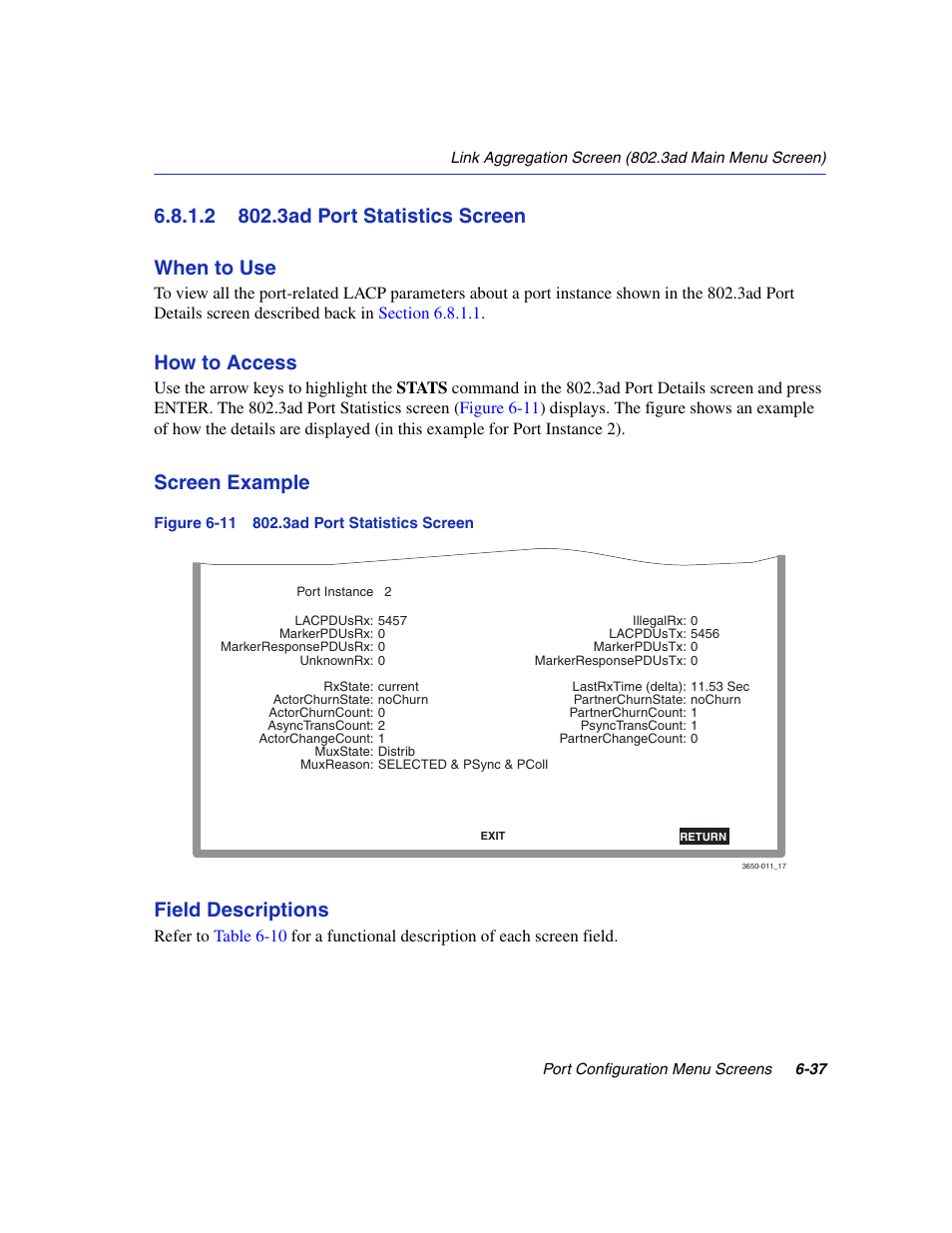 2 802.3ad port statistics screen, 3ad port statistics screen -37, 3ad port statistics screen | 3ad port, Statistics, Section 6.8.1.2, How to access, Screen example, Field descriptions | Enterasys Networks 6H2xx User Manual | Page 201 / 430