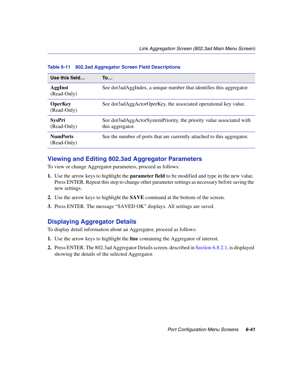 3ad aggregator screen field descriptions | Enterasys Networks 6H2xx User Manual | Page 205 / 430