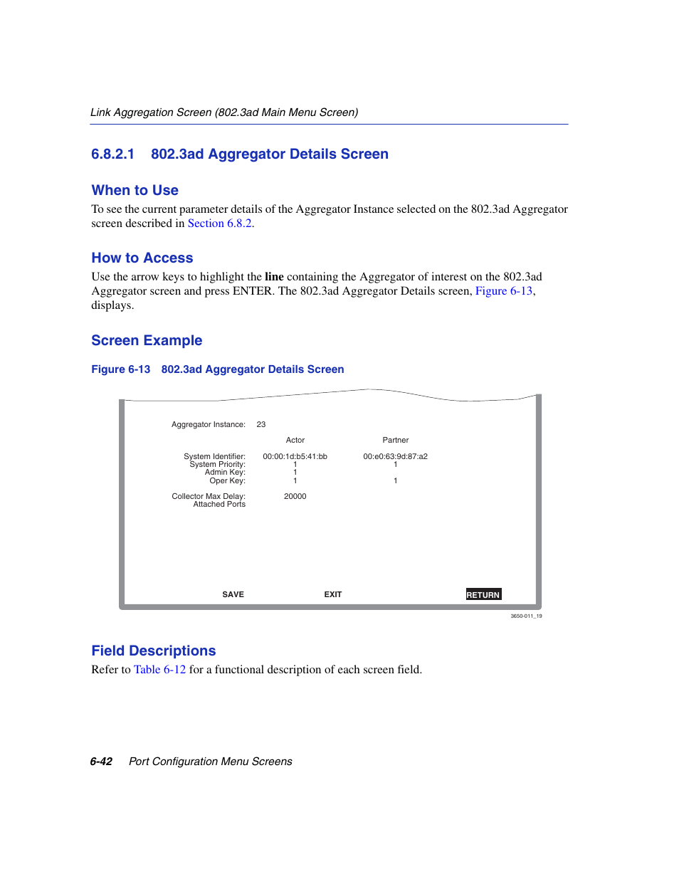 1 802.3ad aggregator details screen, 3ad aggregator details screen -42, 3ad aggregator details screen | Aggregator detail, Aggregator details, Section 6.8.2.1, How to access, Screen example, Field descriptions | Enterasys Networks 6H2xx User Manual | Page 206 / 430