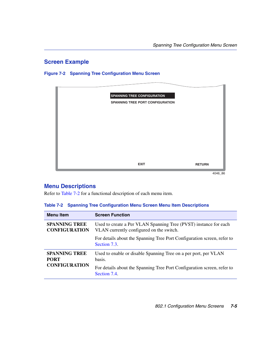 Spanning tree configuration menu screen, Screen example, Menu descriptions | Enterasys Networks 6H2xx User Manual | Page 217 / 430