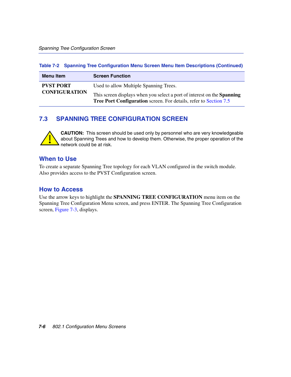 3 spanning tree configuration screen, Spanning tree configuration screen -6, Spanning tree configuration | Section 7.3 | Enterasys Networks 6H2xx User Manual | Page 218 / 430