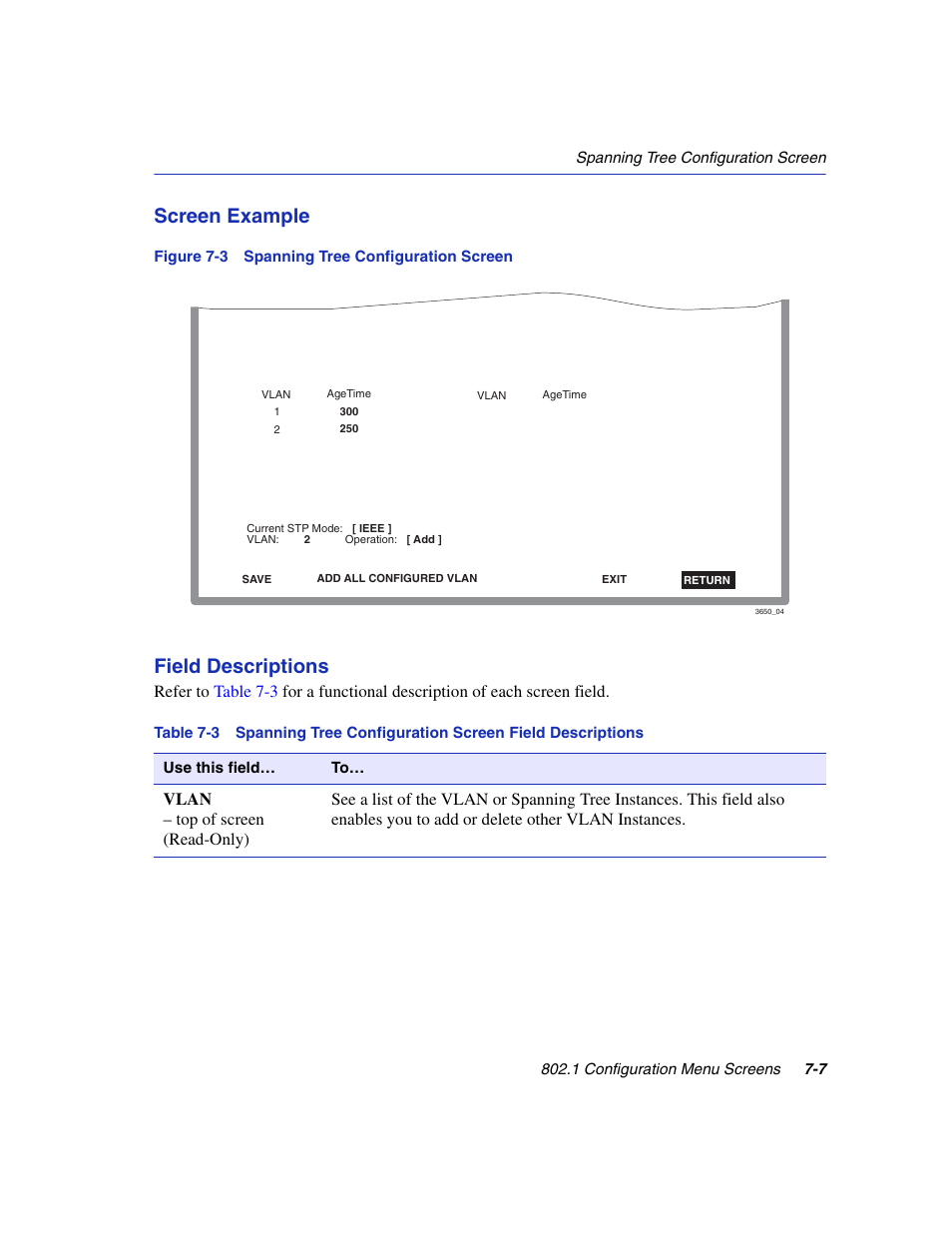 Spanning tree configuration screen, Screen example, Field descriptions | Enterasys Networks 6H2xx User Manual | Page 219 / 430