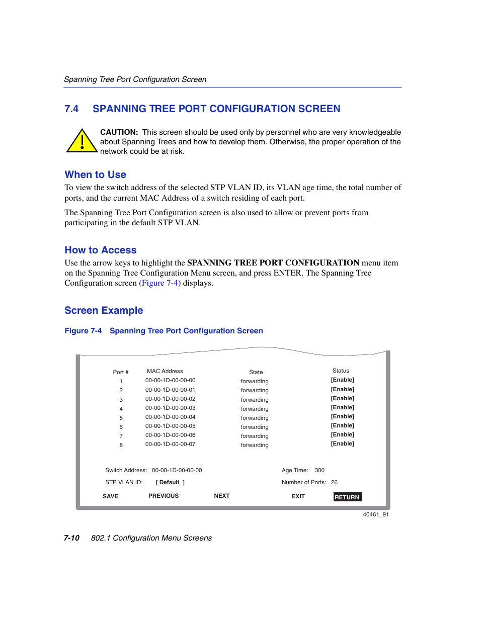 4 spanning tree port configuration screen, Spanning tree port configuration screen -10, Spanning tree port configuration screen | Spanning tree port configuration, Section 7.4, How to access, Screen example | Enterasys Networks 6H2xx User Manual | Page 222 / 430
