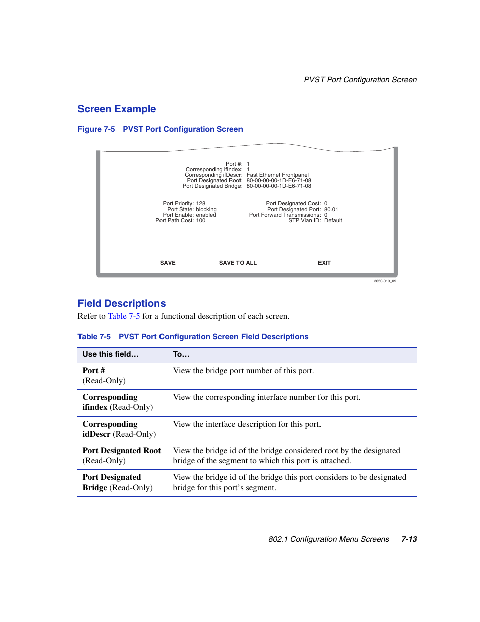 Pvst port configuration screen -13, Screen example, Field descriptions | Enterasys Networks 6H2xx User Manual | Page 225 / 430