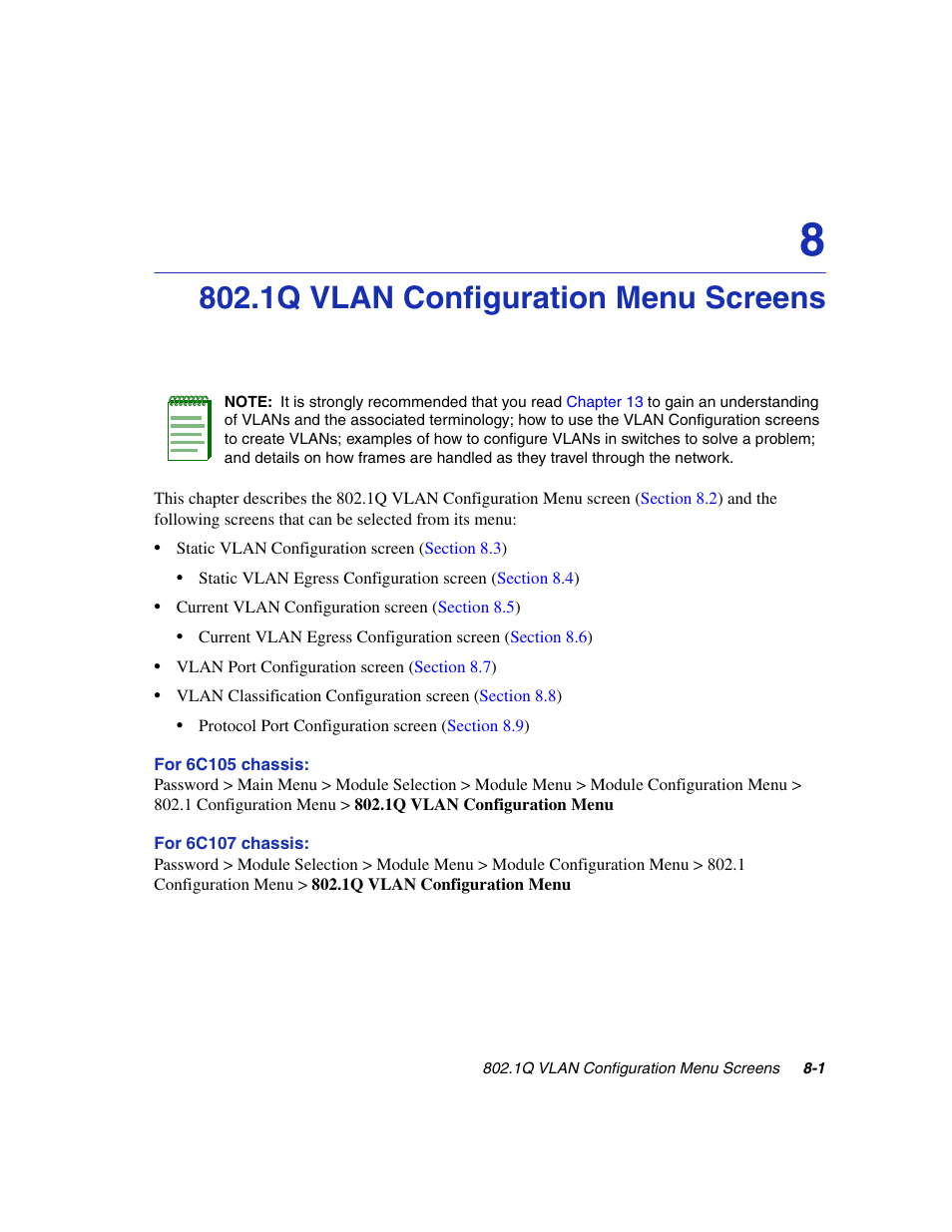 1q vlan configuration menu screens, Chapter 8 | Enterasys Networks 6H2xx User Manual | Page 227 / 430