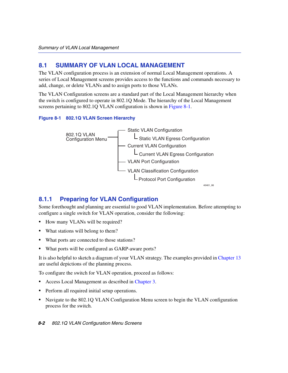 1 summary of vlan local management, 1 preparing for vlan configuration, Summary of vlan local management -2 8.1.1 | Preparing for vlan configuration -2, 1q vlan screen hierarchy | Enterasys Networks 6H2xx User Manual | Page 228 / 430