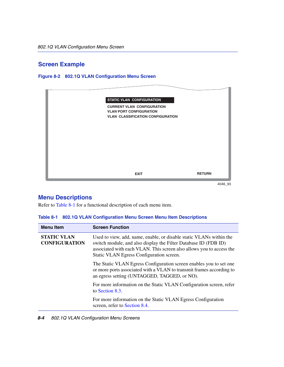1q vlan configuration menu screen, Figure 8-2, Displays | Screen example, Menu descriptions | Enterasys Networks 6H2xx User Manual | Page 230 / 430
