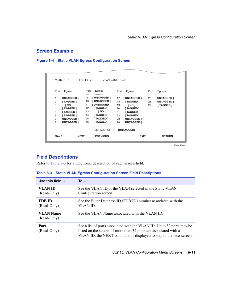 Static vlan egress configuration screen, Figure 8-4, Screen example | Field descriptions | Enterasys Networks 6H2xx User Manual | Page 237 / 430