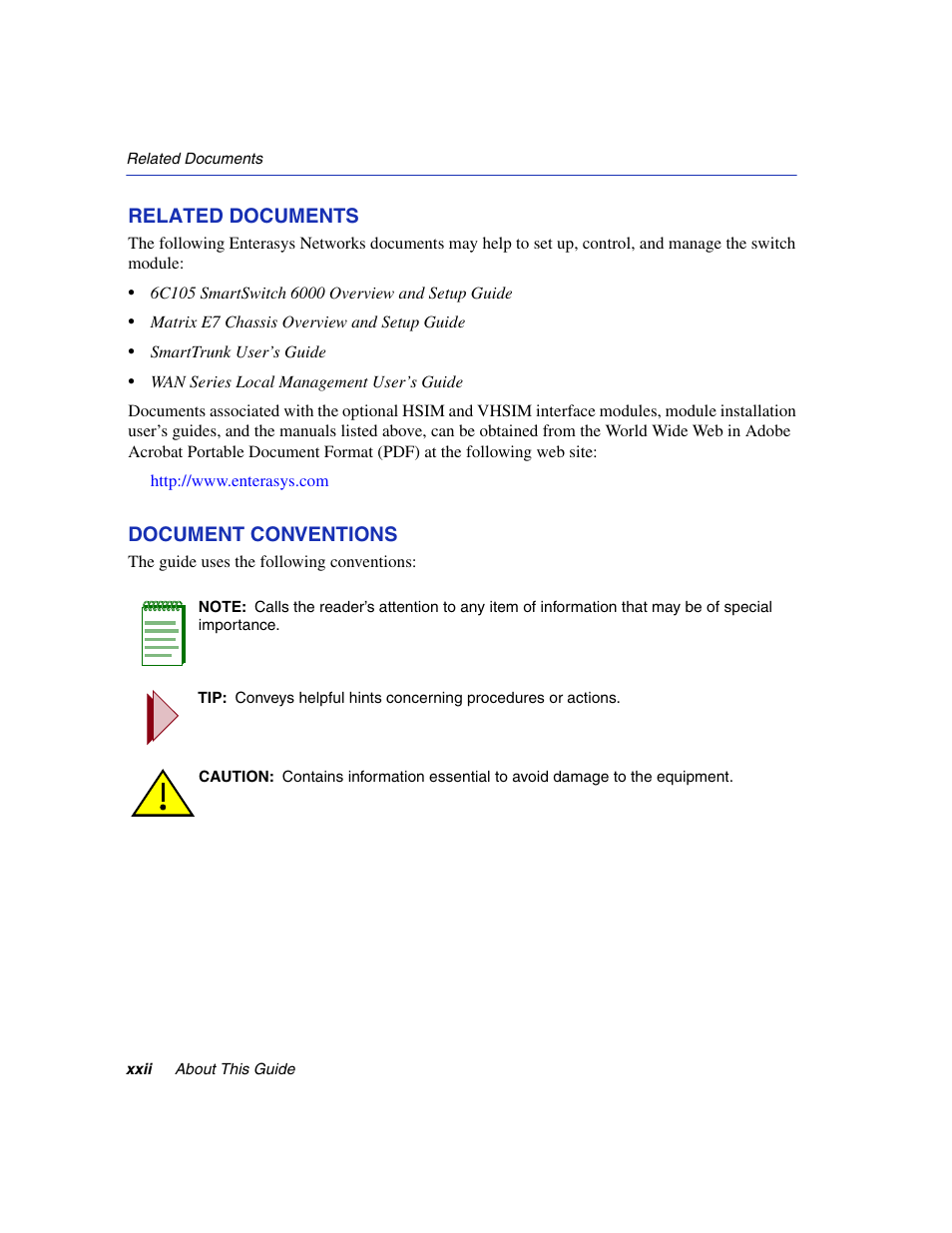 Related documents, Document conventions | Enterasys Networks 6H2xx User Manual | Page 24 / 430
