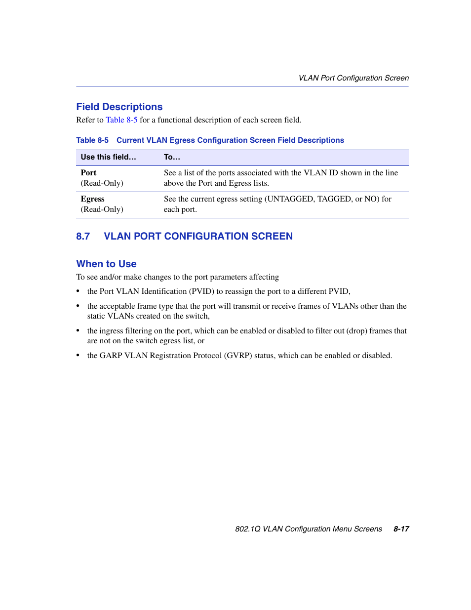 7 vlan port configuration screen, Vlan port configuration screen -17, Vlan port | Configuration, Iguration screen, Section 8.7 | Enterasys Networks 6H2xx User Manual | Page 243 / 430