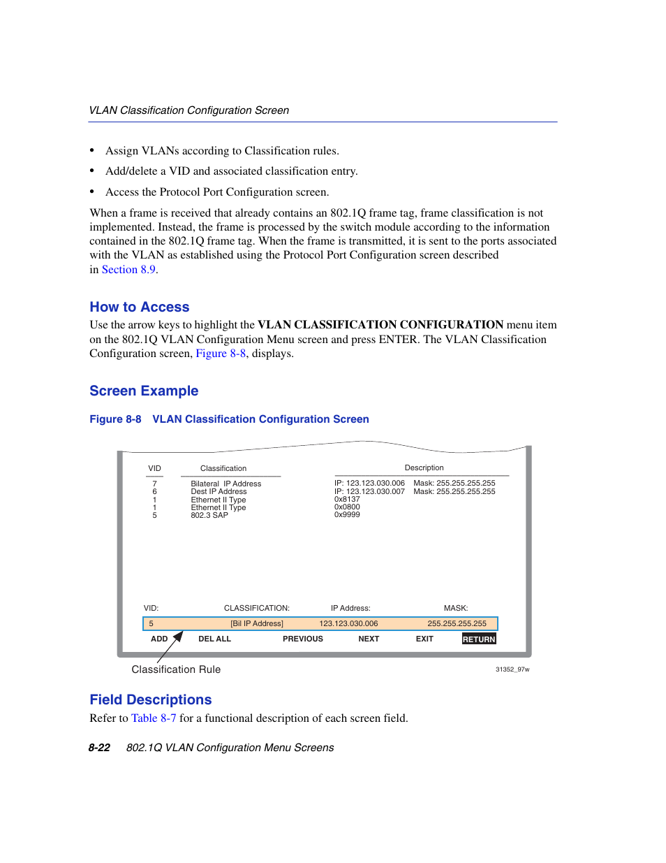 Vlan classification configuration screen, How to access, Screen example | Field descriptions | Enterasys Networks 6H2xx User Manual | Page 248 / 430