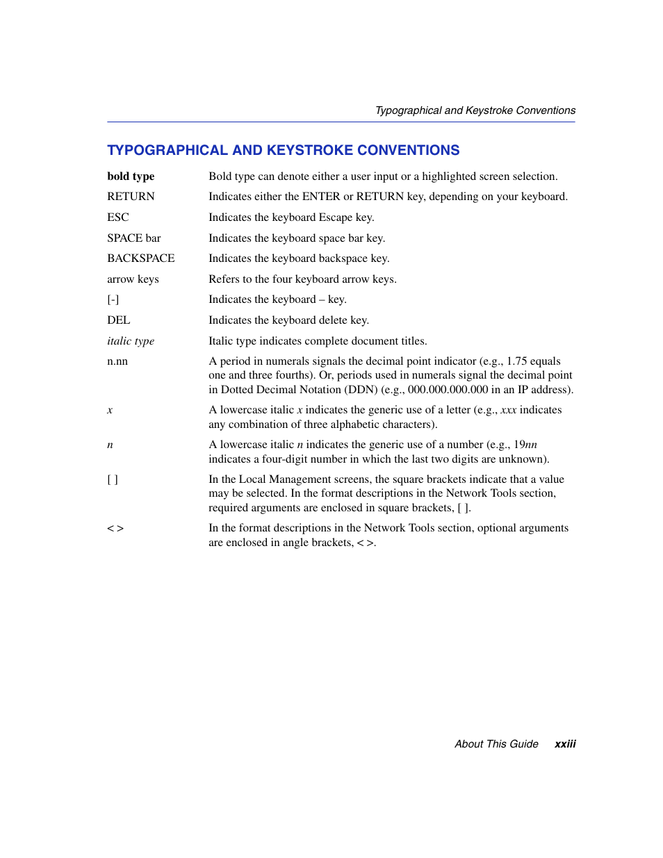 Typographical and keystroke conventions | Enterasys Networks 6H2xx User Manual | Page 25 / 430