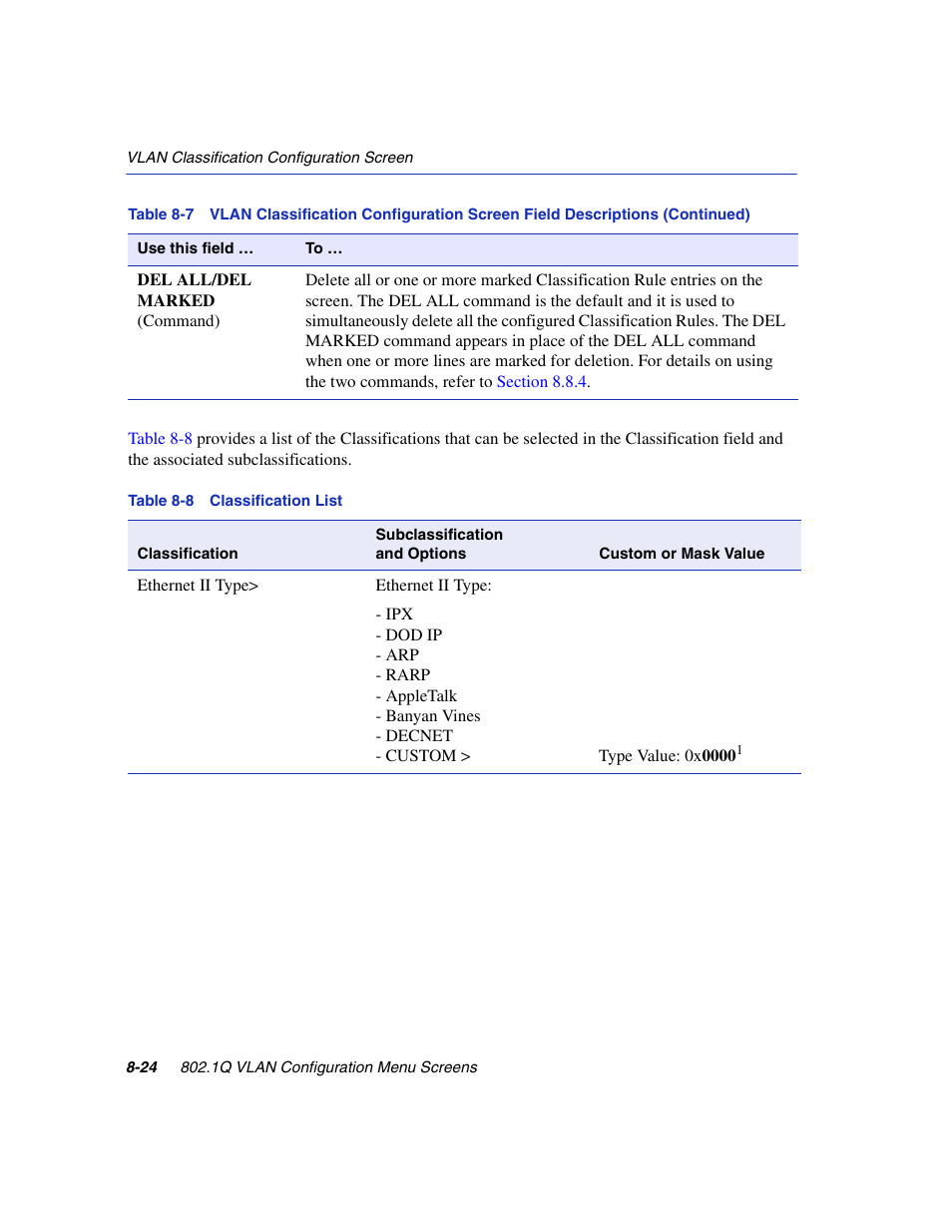 Classification list, Table 8-8 | Enterasys Networks 6H2xx User Manual | Page 250 / 430