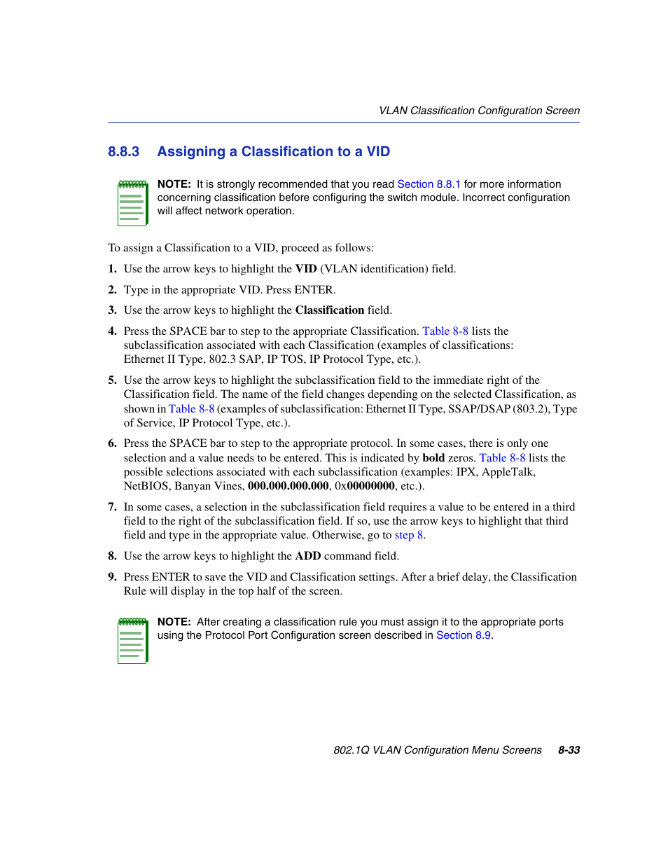 3 assigning a classification to a vid, Assigning a classification to a vid -33, Section 8.8.3 | Enterasys Networks 6H2xx User Manual | Page 259 / 430