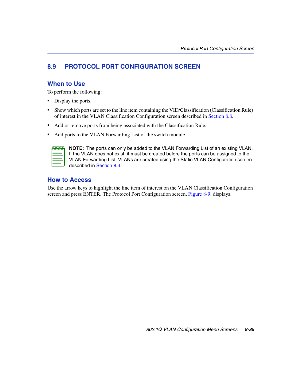 9 protocol port configuration screen, Protocol port configuration screen -35, Protocol port | Configuration, Iguration screen, Section 8.9 | Enterasys Networks 6H2xx User Manual | Page 261 / 430