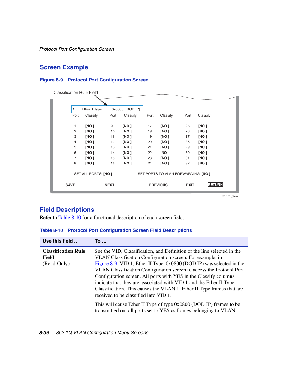 Protocol port configuration screen, Figure 8-9, Screen example | Field descriptions | Enterasys Networks 6H2xx User Manual | Page 262 / 430