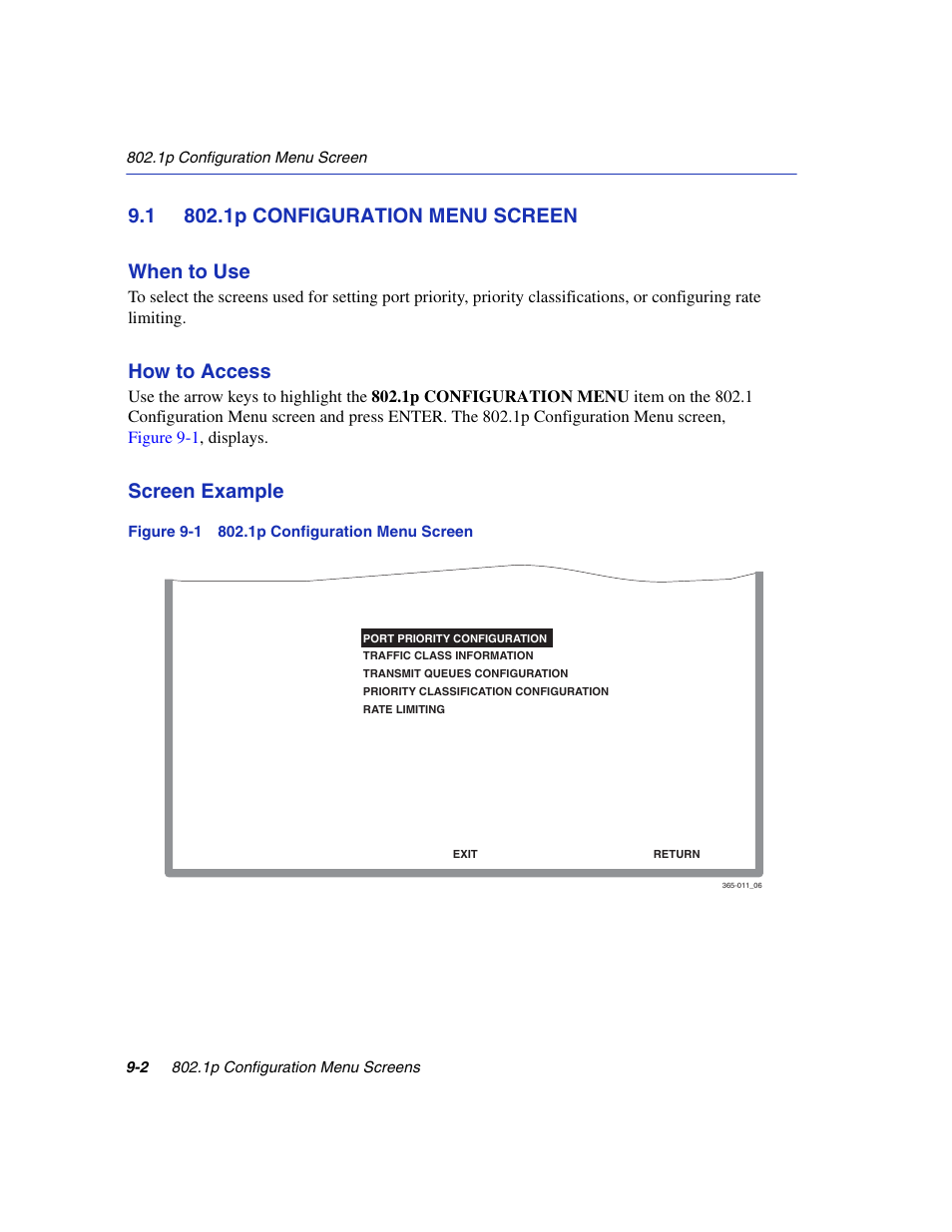 1 802.1p configuration menu screen, 1p configuration menu screen, Configuration menu | How to access, Screen example | Enterasys Networks 6H2xx User Manual | Page 266 / 430