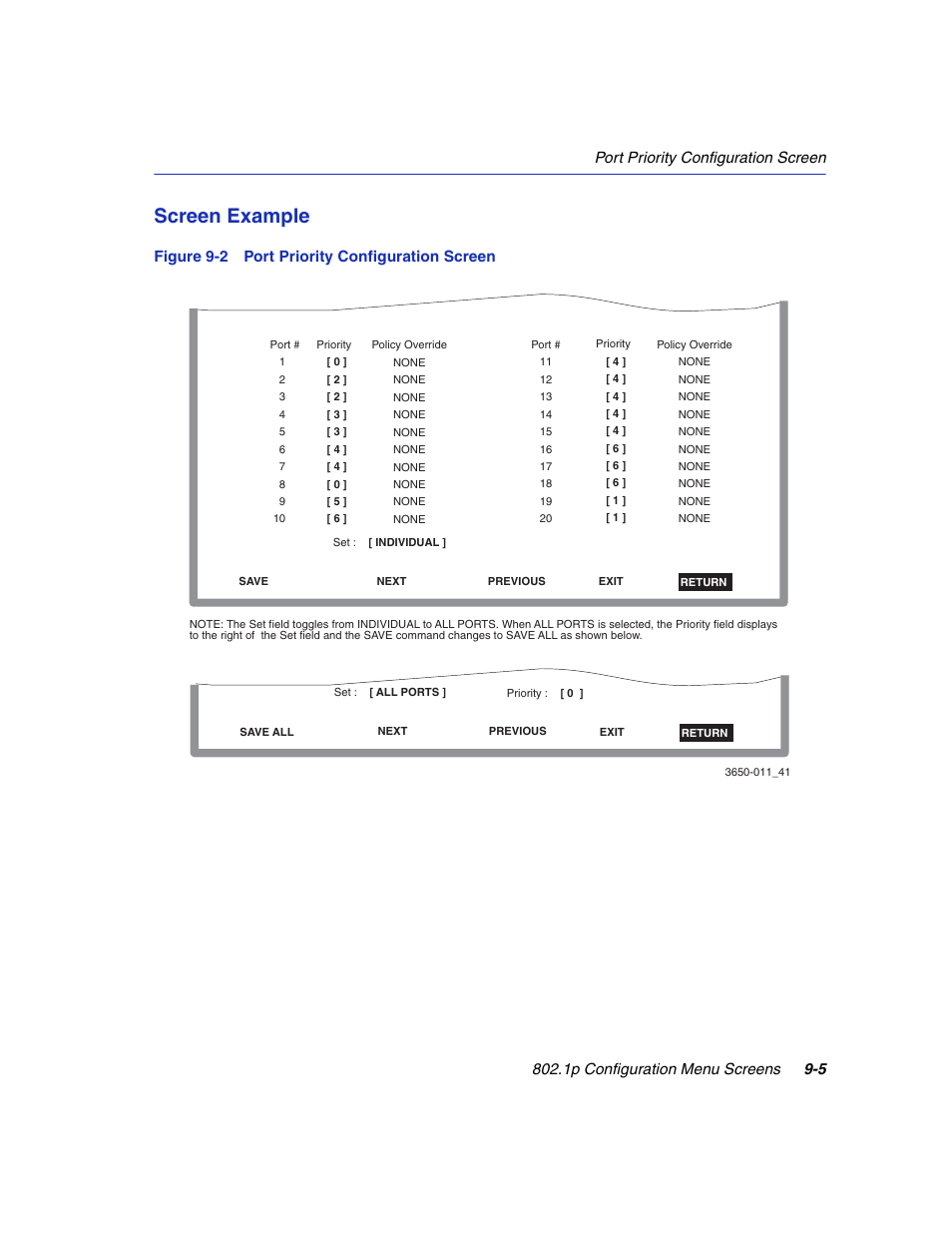 Port priority configuration screen, Screen example | Enterasys Networks 6H2xx User Manual | Page 269 / 430