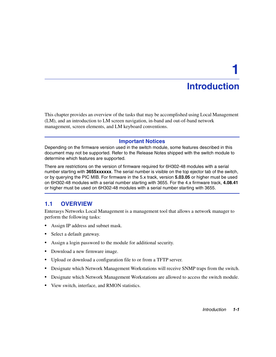 Introduction, 1 overview, Overview -1 | Chapter 1 | Enterasys Networks 6H2xx User Manual | Page 27 / 430