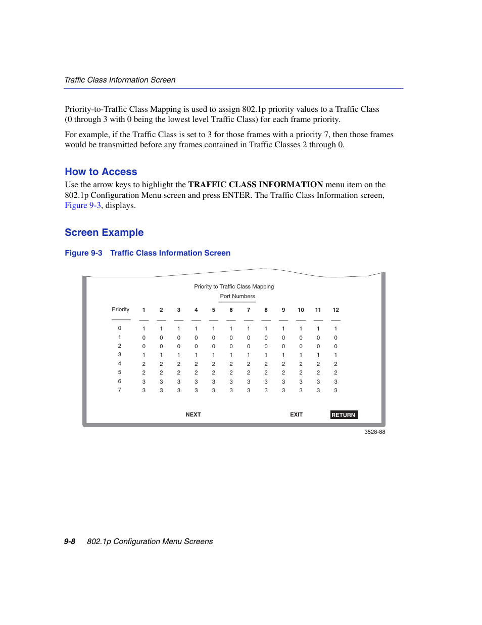 Traffic class information screen, How to access, Screen example | Enterasys Networks 6H2xx User Manual | Page 272 / 430