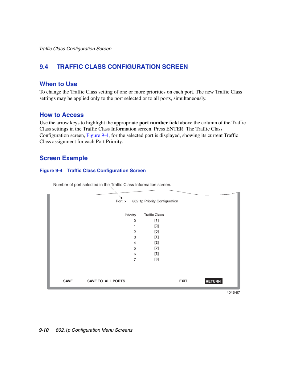4 traffic class configuration screen, Traffic class configuration screen -10, Traffic class configuration screen | Traffic class, Configuration, Section 9.4, How to access, 4 traffic class configuration screen when to use, Screen example | Enterasys Networks 6H2xx User Manual | Page 274 / 430