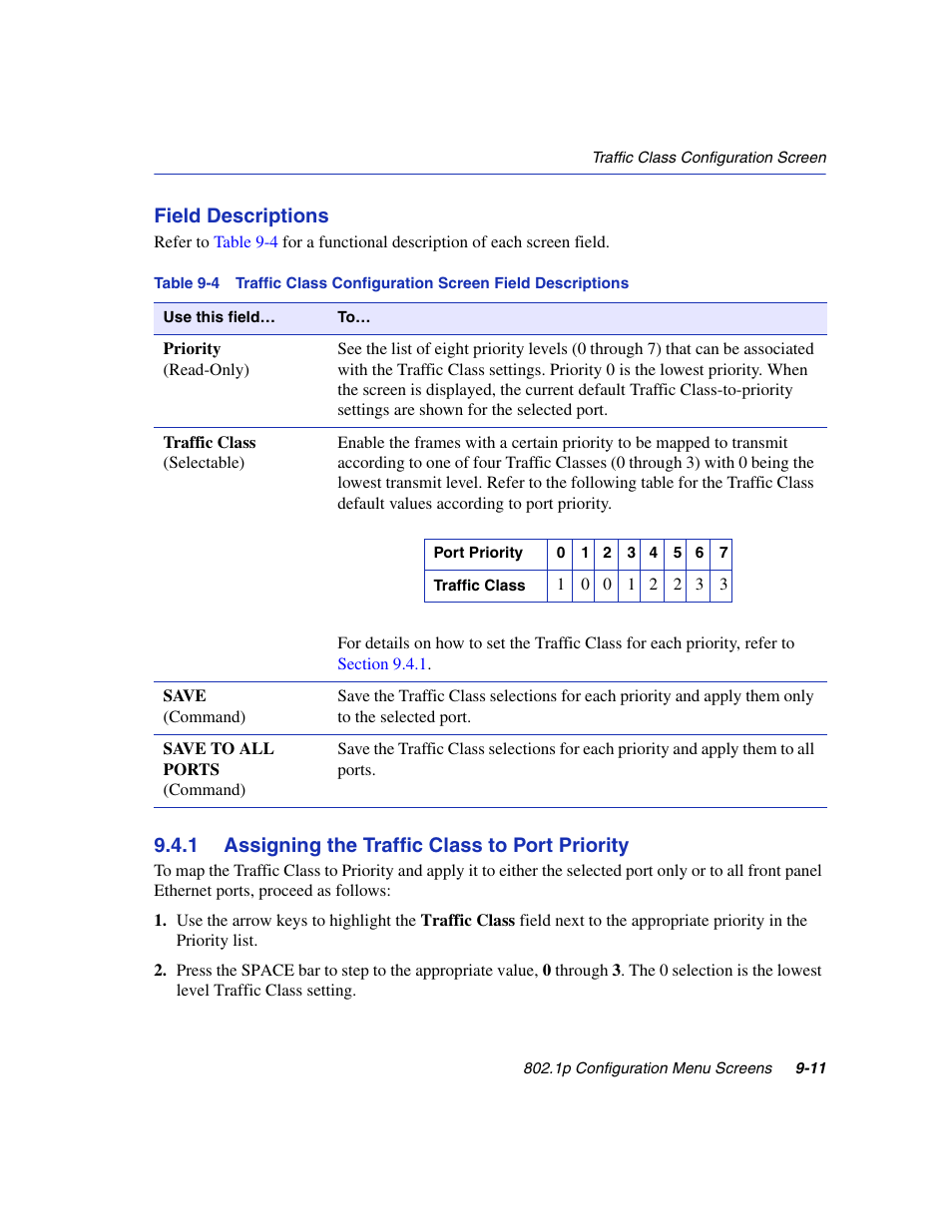 1 assigning the traffic class to port priority, Assigning the traffic class to port priority -11, Field descriptions | Enterasys Networks 6H2xx User Manual | Page 275 / 430