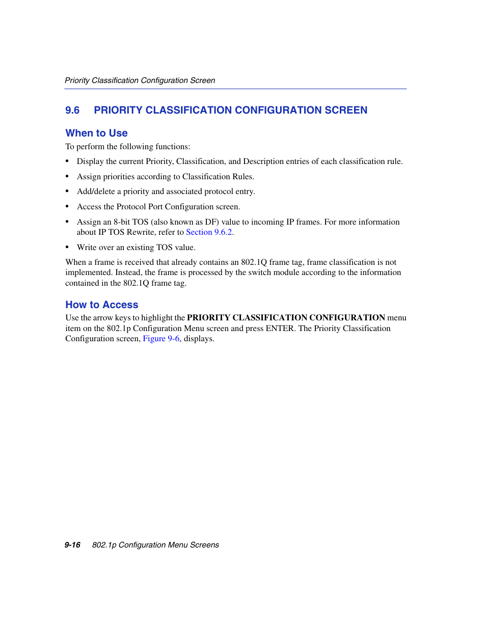 6 priority classification configuration screen, Priority classification configuration screen -16, Priority classification | Configuration, Section 9.6, Refer to | Enterasys Networks 6H2xx User Manual | Page 280 / 430